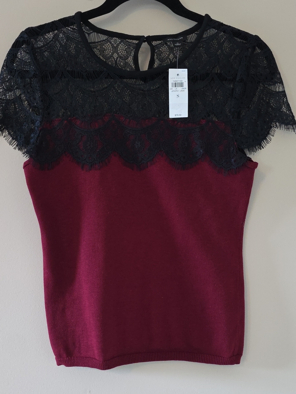 Ann Taylor Burgundy Knit Top with Black Lace Yoke